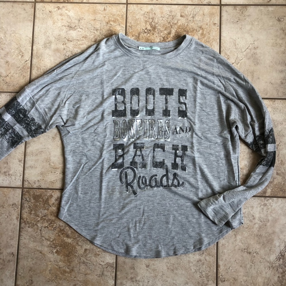Maurices Long Sleeve Graphic Print Tee “BOOTS BONFIRES AND BACK ROADS” - Picture 3 of 5